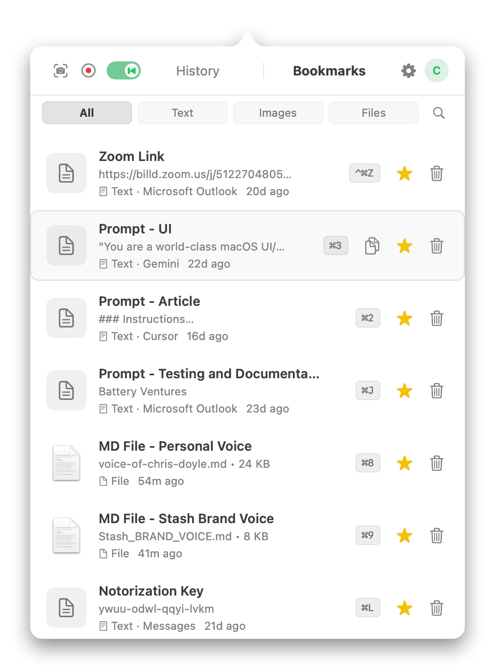 Stash bookmarks tab showing named items like Zoom Link, UI Prompt, and Board Emails with hotkey badges