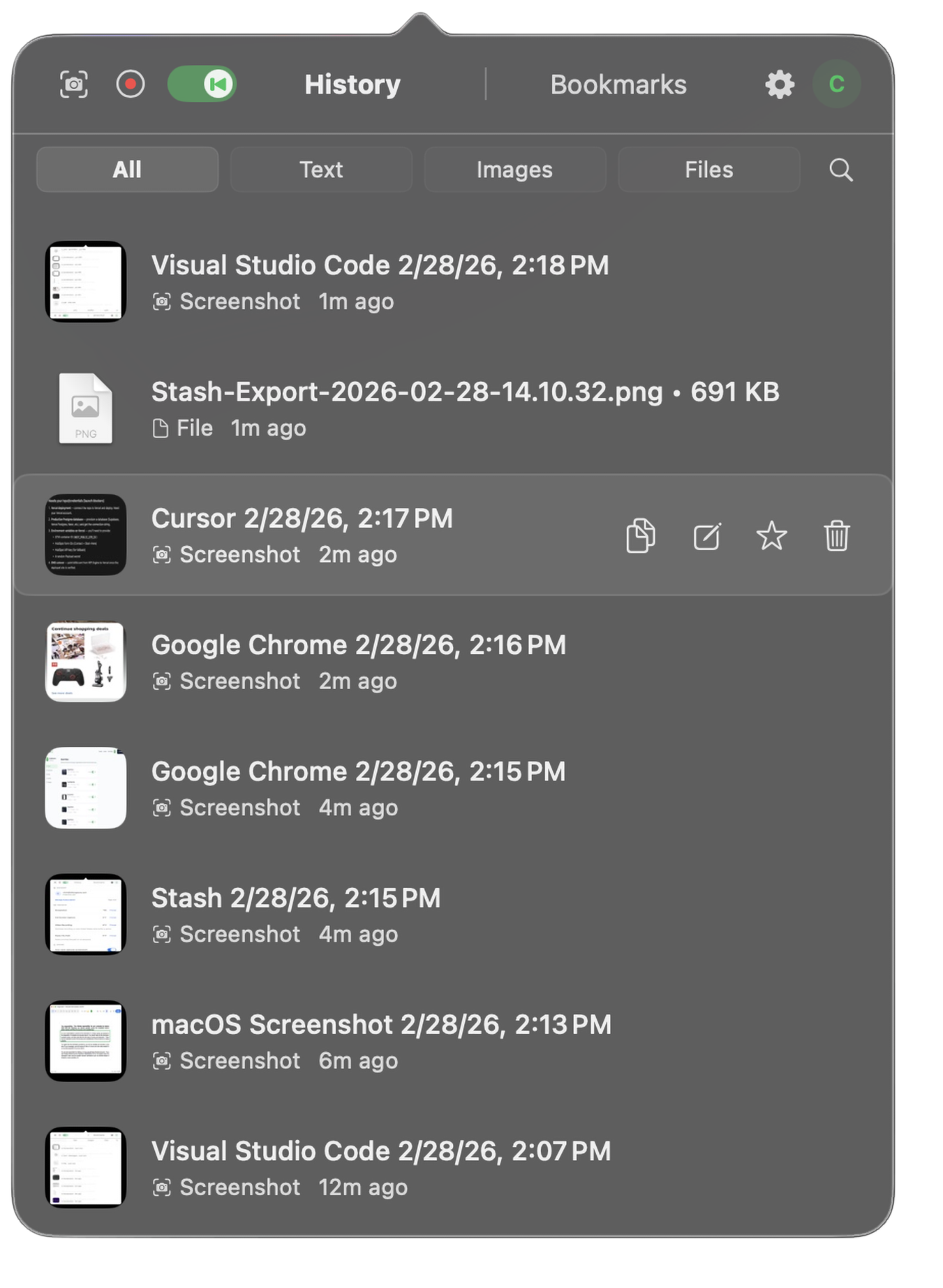 Stash — the best clipboard manager for Mac — showing clipboard history with text snippets, screenshots, and image thumbnails