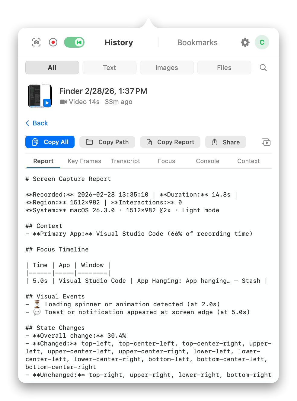 Stash video capture with automatic context metadata